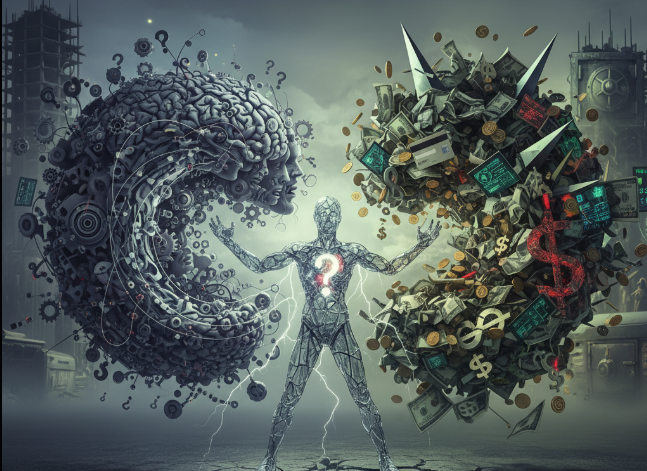 Mind vs money concept showing human brain and financial stress